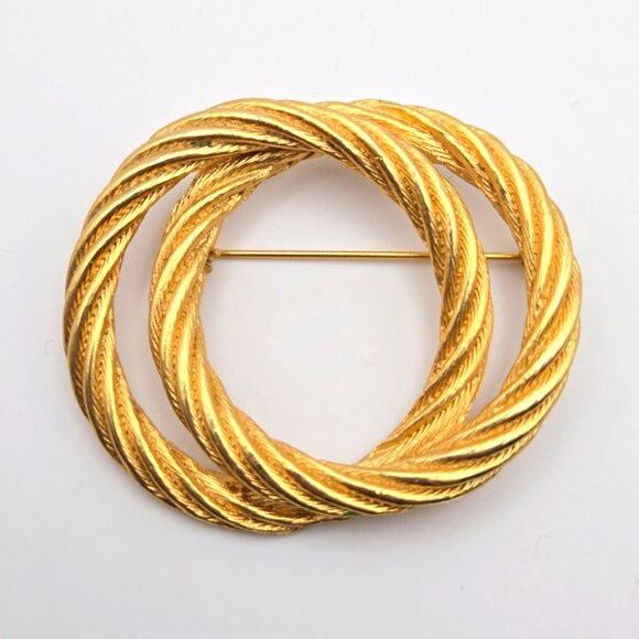 Vintage‎ Gold Tone Double Intertwined Circles Twisted Rope Textured Brooch - Picture 1 of 4